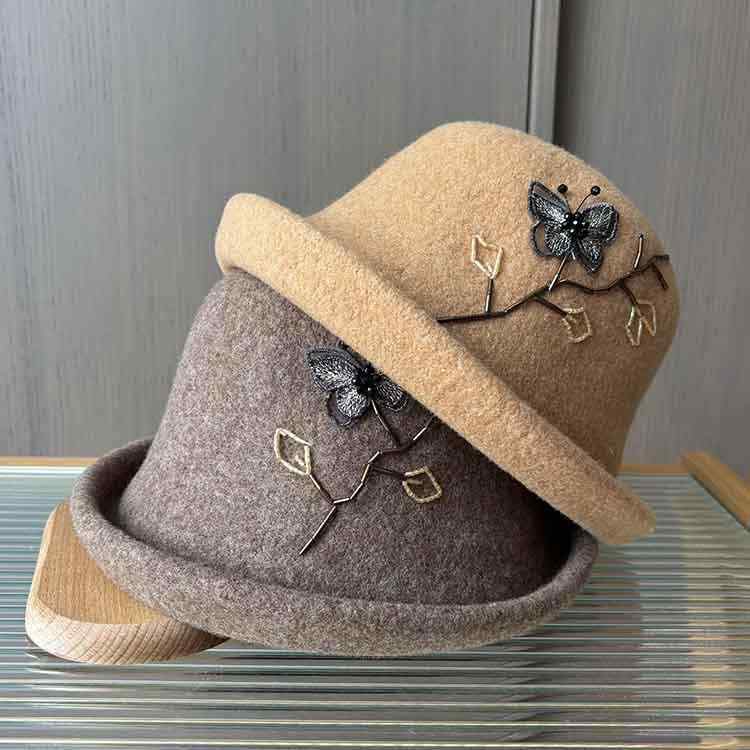 帽子 レディース 秋冬 ニット ウール混 フェルト ハット 丸い かわいい 上品 手作り 花柄 バケットハッ..