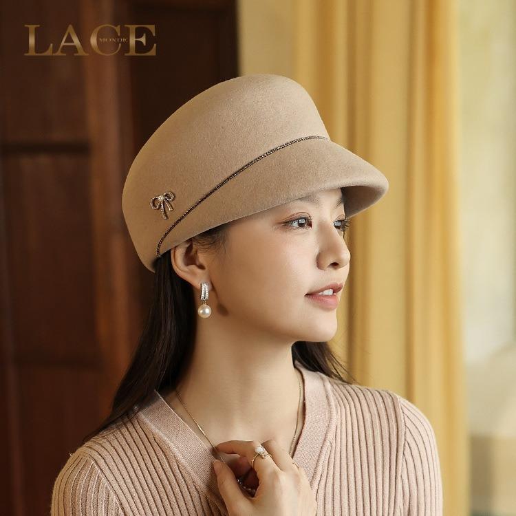 帽子 レディース 秋冬 ウール ベレー帽 レトロ ファッション ホットドリル バタフライ 蝶結び 毛織 鸭..