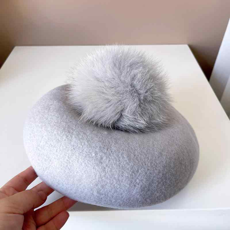 ベレー帽 レディース 秋冬 ウール 画家帽 マカロンカラー 狐 ファー ポンポン付き かわいい おしゃれ ..