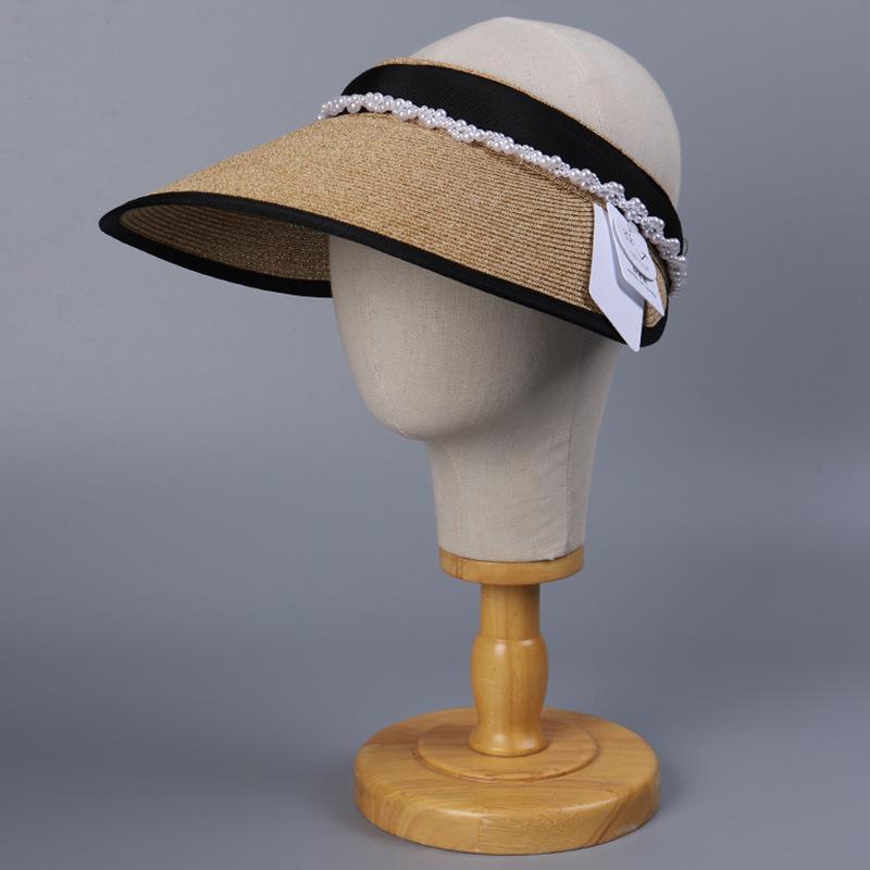 帽子 レディース 麦わら帽子 春夏 UVカット 紫外線対策 日よけ つば広 ハット カチューシャ風 パール エレガント おしゃれ かわいい ブラック ベージュ2(4)