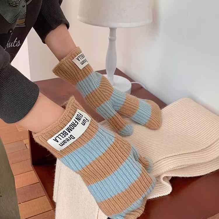 手袋 レディース ニット手袋 秋冬 防寒 あったか ミトン手袋 ストライプ 切り替え かわいい おしゃれ ファッション 通勤 通学 普段使い