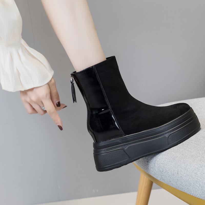ブーツ レディース 厚底 ショートブーツ レザー調 暖か 秋冬 前開き ジッパー ファスナー カジュアル ラウンドトゥ 無地 黒