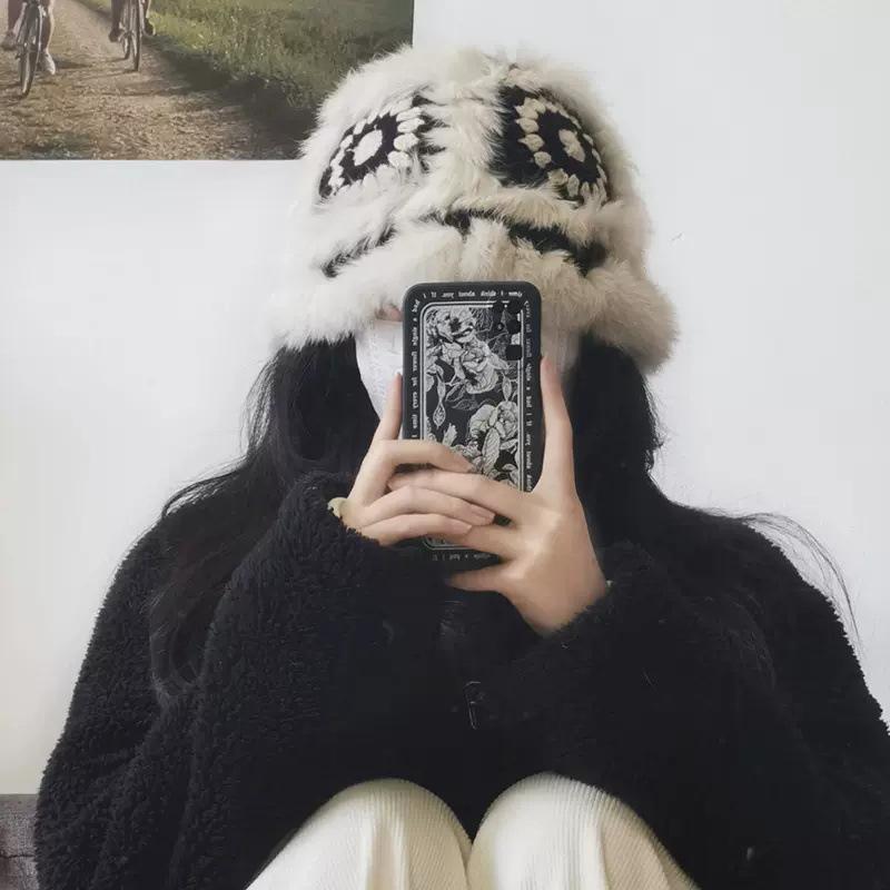 ニット帽 レディース 秋冬 かわいい ウサギ 狮子 毛糸帽子 ファー バケットハット 虎(4)