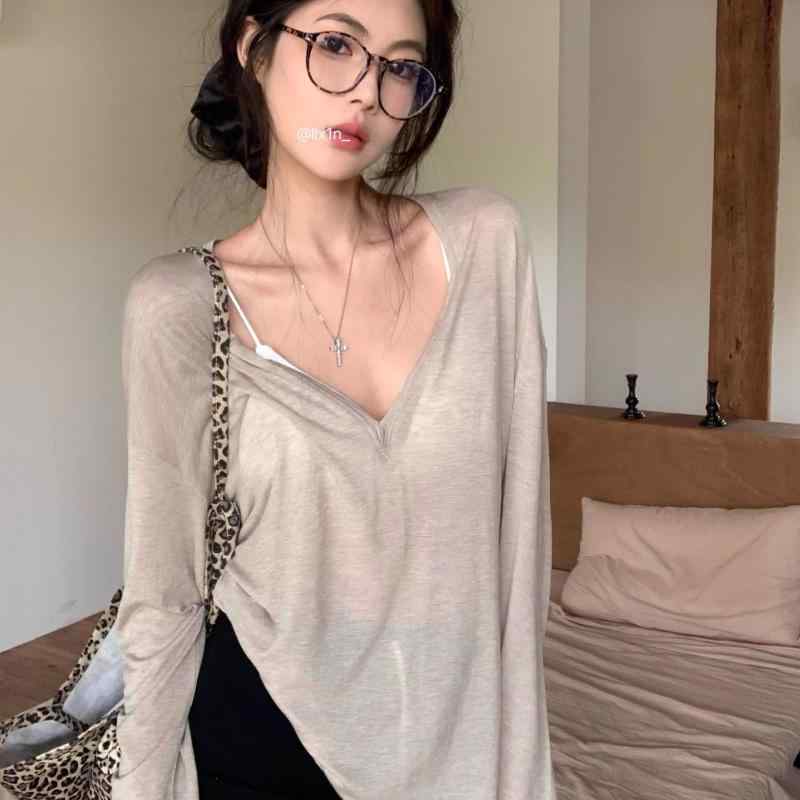 Tシャツ レディース 大きいサイズ Vネック ゆったりサイズ 体型カバー 長袖 トップス 接触冷感 吸湿速乾 薄手 ホワイト ブラック カーキ(4)