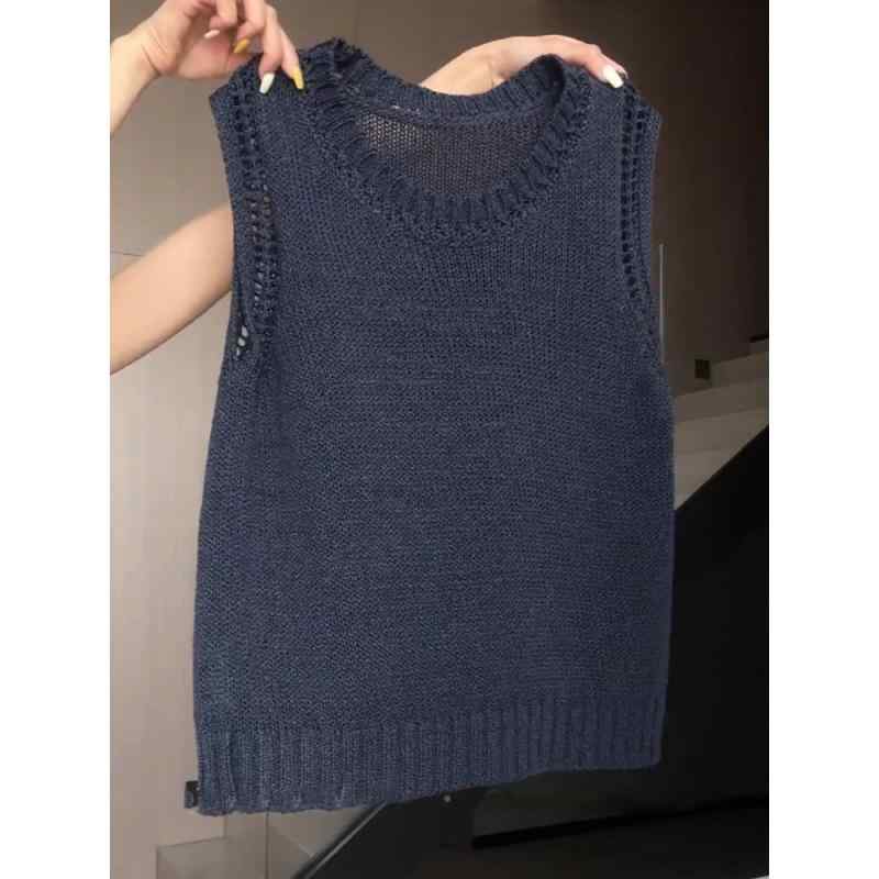 ニット レディース サマーニット ノースリーブ トップス プルオーバー ラウンドネック ゆったり 薄手 ブルー カジュアル 通勤 普段使い