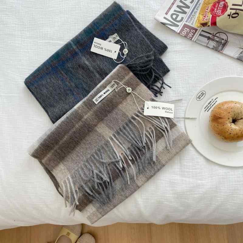 マフラー レディース 秋冬 ウール 羊毛 格子柄 厚手 ショール ストール 防寒 暖かい 深グレー 浅咖 湖藍色 百搭 シンプル 2(4)