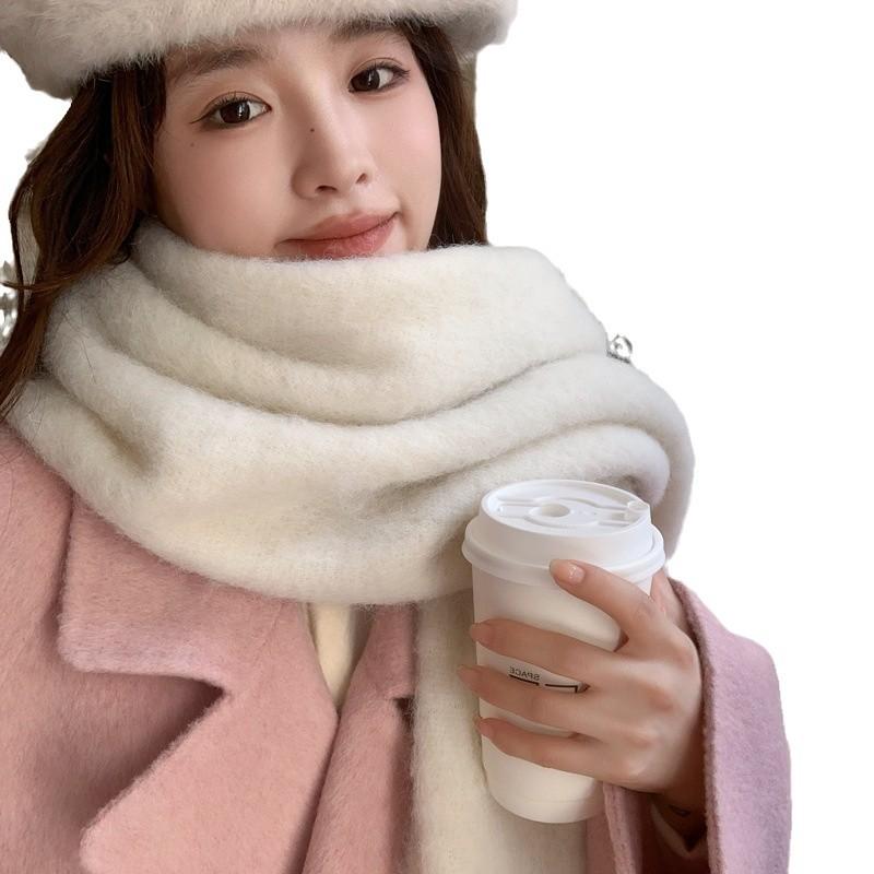 マフラー レディース メンズ ウール混紡 ニット 無地 秋冬 韓国風 モヘア 厚手 保温 ストール ショール..