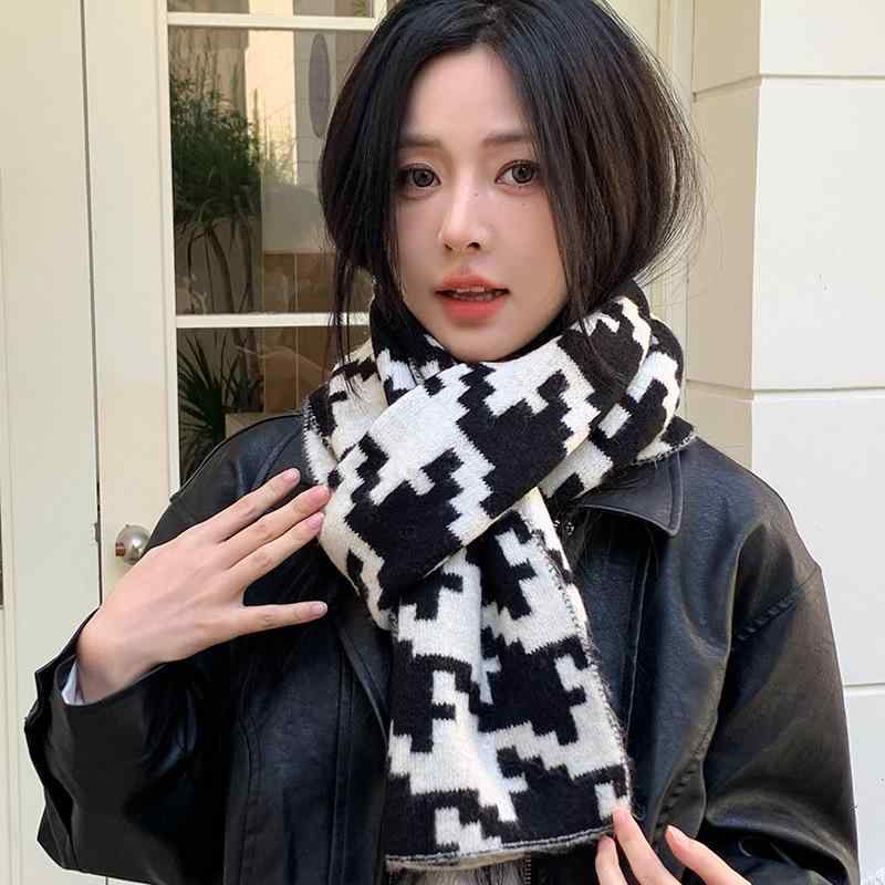 マフラー レディース 秋冬 ミラードカラー 千鳥格子柄 ウール混紡 あったか 厚手 レトロ 韓国風 スタイ..
