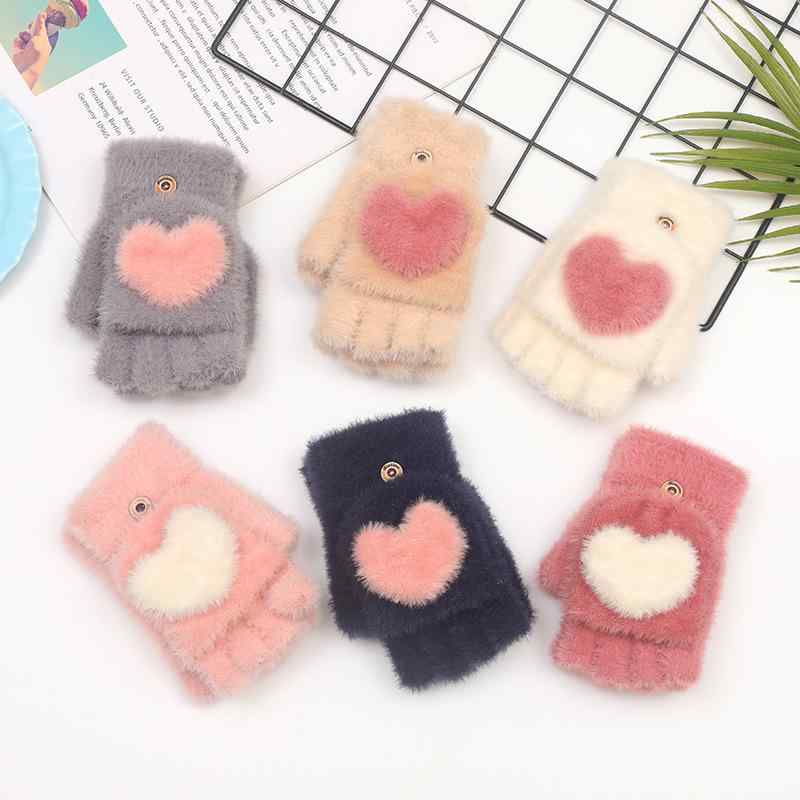 手袋 レディース 冬用手袋 ハーフフィンガー ラブリー ハート柄 ミンク 暖かい かわいい 防寒 自転車 ..