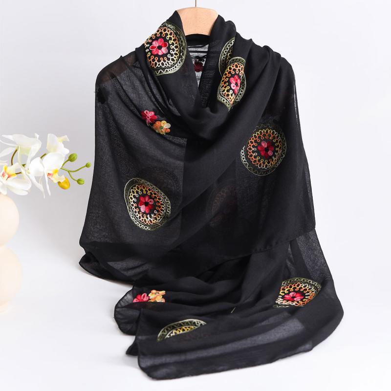 スカーフ レディース 春夏 薄手 エスニック 刺繍 ショール ストール バッグ飾り 花柄 紫外線対策 おしゃれ かわいい グレー パープル ブラック オレンジ グリーン レッド2