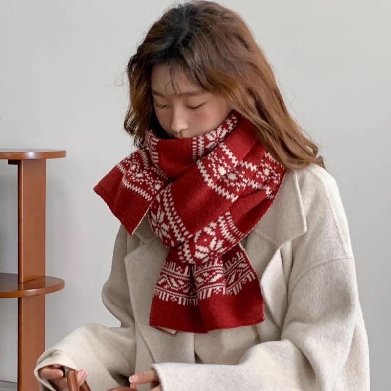 マフラー レディース 秋冬 韓国風 かわいい ニット 幾何学模様 ショール ストール 暖かい 防寒 黒 ブラック 赤 レッド ベージュ クリーム