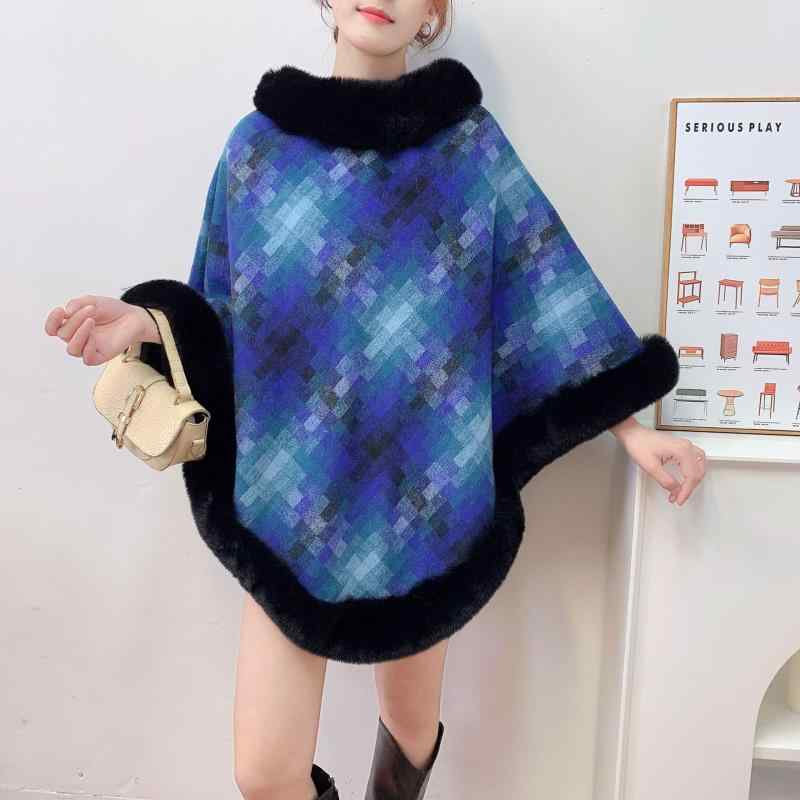 ショール 秋冬 女性用 防寒 暖かい 高級感 プルオーバー カシミヤタッチ 格子柄 ヨーロッパ ストリート ブラック ブルー