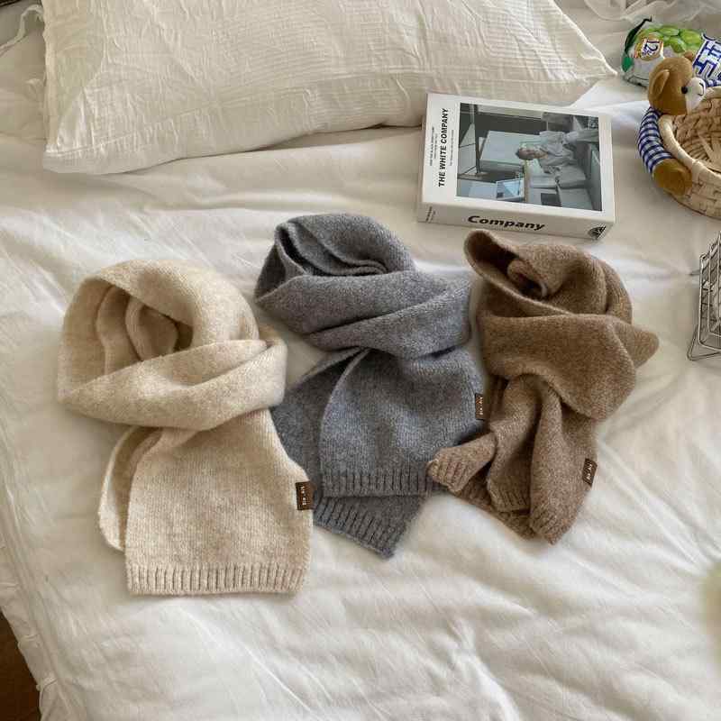 マフラー キッズ ニット 韓国風 ベージュ オートミール キャメル コーヒー ライトグレー ウール混紡 子..