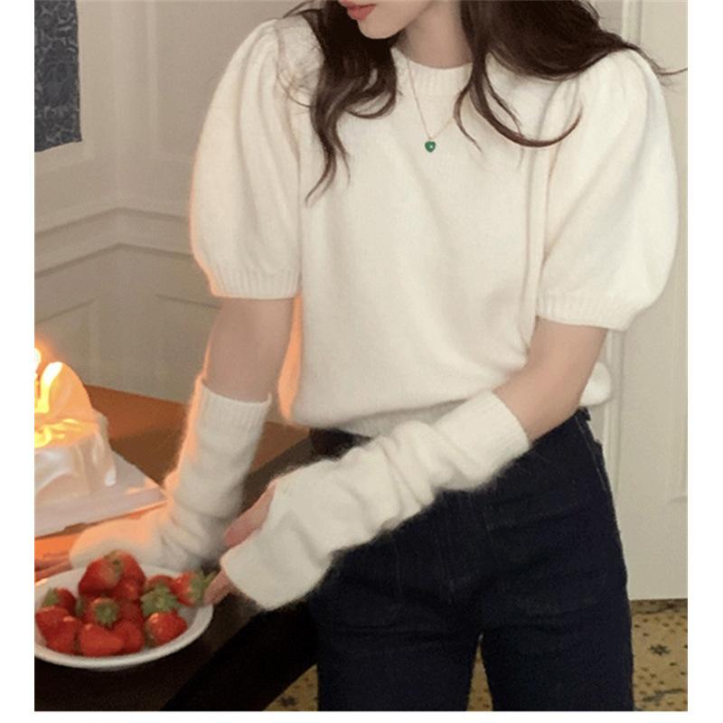 ニット レディース 春秋 トップス 韓国風 パフスリーブ 長袖 プルオーバー カットソー ニットソー おしゃれ かわいい 通勤 オフィス カジュアル 白 黒 赤 緑