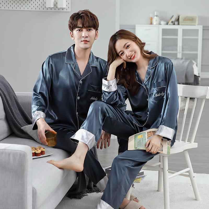 パジャマ レディース メンズ 春秋 長袖 風 ルームウェア 上下セット 夫婦 ペア 襟付き 寝間着 ポリエステル 快適 涼しい 墨緑 湖青 黒 白 赤 M L XL XXL XXXL