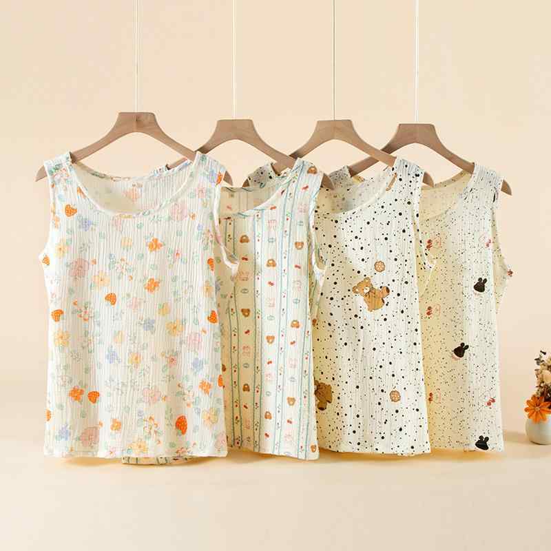 パジャマ レディース 薄手 ノースリーブ トップス 綿 紗布 プルオーバー ルームウェア 部屋着 リラック..