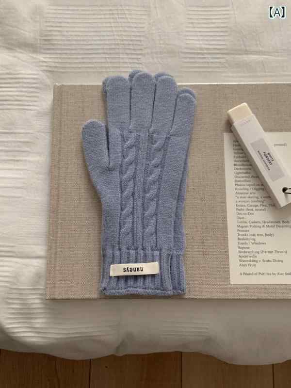 手袋 レディース 秋冬 スマートフォン対応 保温 防寒 ニット 5本指 手袋 ギフト 薄青 橙 赤 紫 白 緑 ..