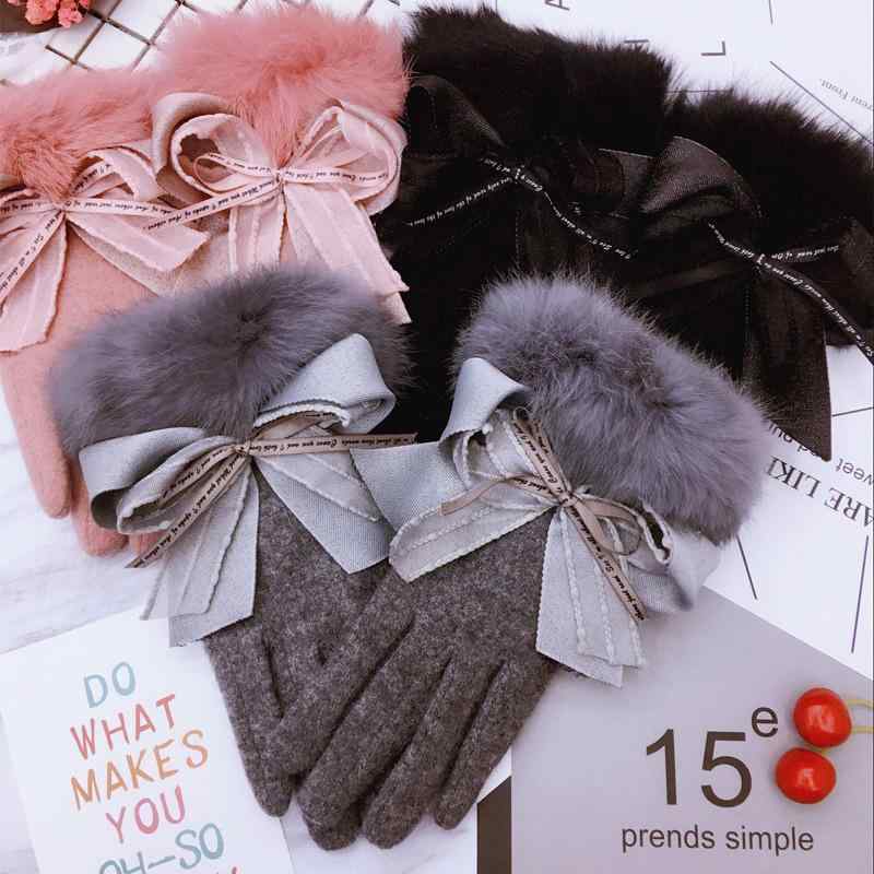 手袋 レディース 秋冬 かわいい 暖かい スマホ対応 厚手 ウール混 分指 グローブ ブラック グレー ピン..
