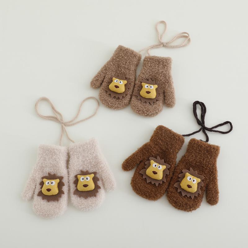 手袋 キッズ 子供用 ニット手袋 秋冬 防寒 暖かい かわいい 小獅子 ミトン 紐付き ベージュ カーキ コ..