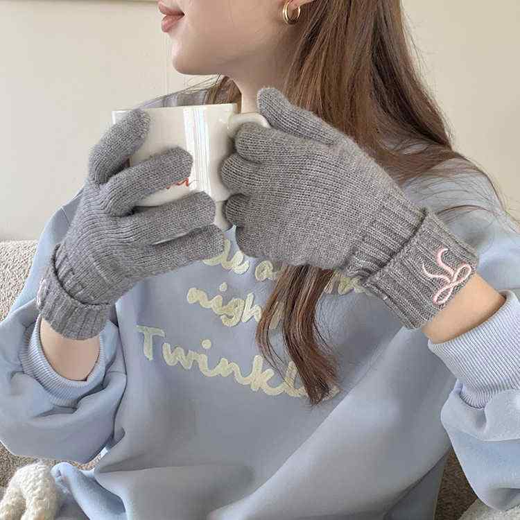 2手袋 レディース ニット手袋 秋冬 スマートフォン対応 防寒 保温 かわいい 蝶結び グレー ブルー キャメル ベージュ モカ ブラック グリーン ピンク