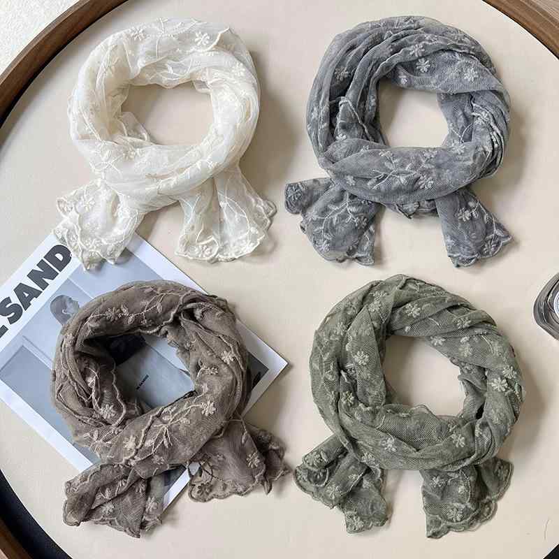 ストール レディース 秋冬 レース 刺繍 花柄 メッシュ ガーゼ ショール 日焼け防止 防寒 軍緑 モカ 白 縓色 霧霾藍 紫外線対策 旅行 リゾート デート