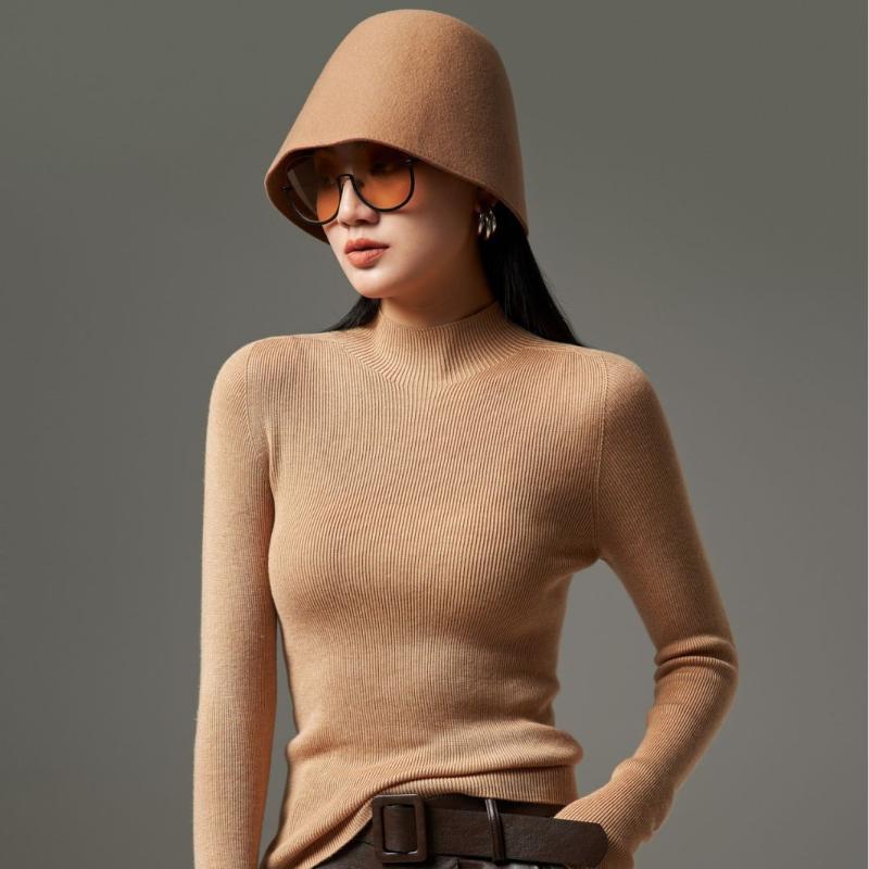 ニット レディース 桑蚕糸 セーター 秋冬 リブニット ウール インナー スリムフィット トップス 長袖 ..