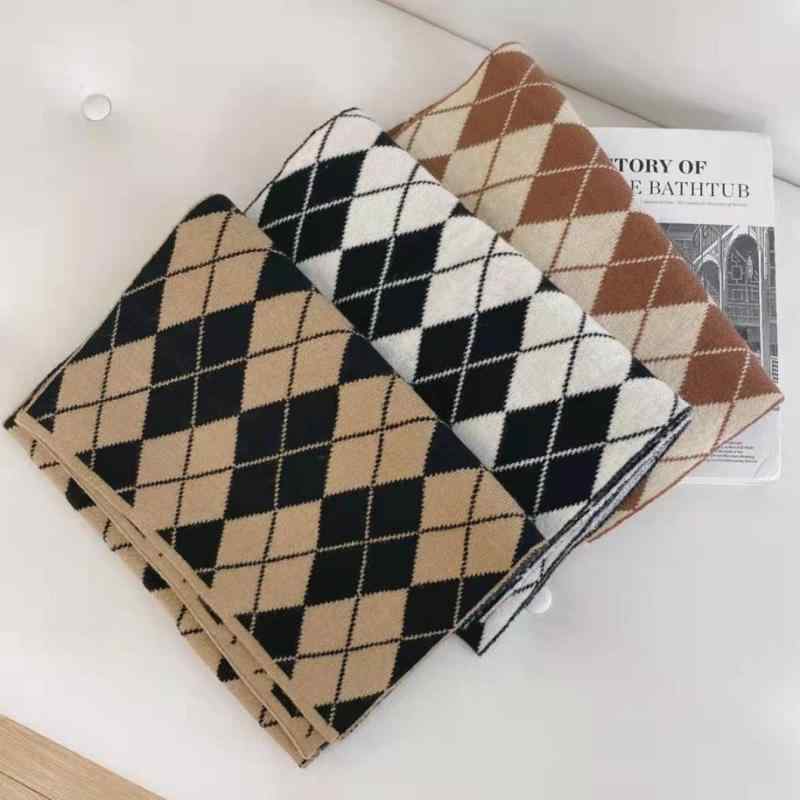 マフラー レディース 秋冬 レトロ 大判 ひし形 ニット ストール バイカラー 配色 格子柄 防寒 ベージュ チョコレート 175cm