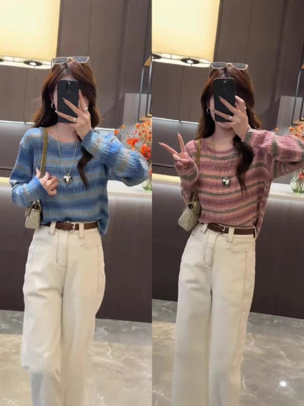 ニット レディース ストライプ 切り替え 長袖 トップス ウール混紡 秋冬 防寒 暖かい ブルー ピンク系2