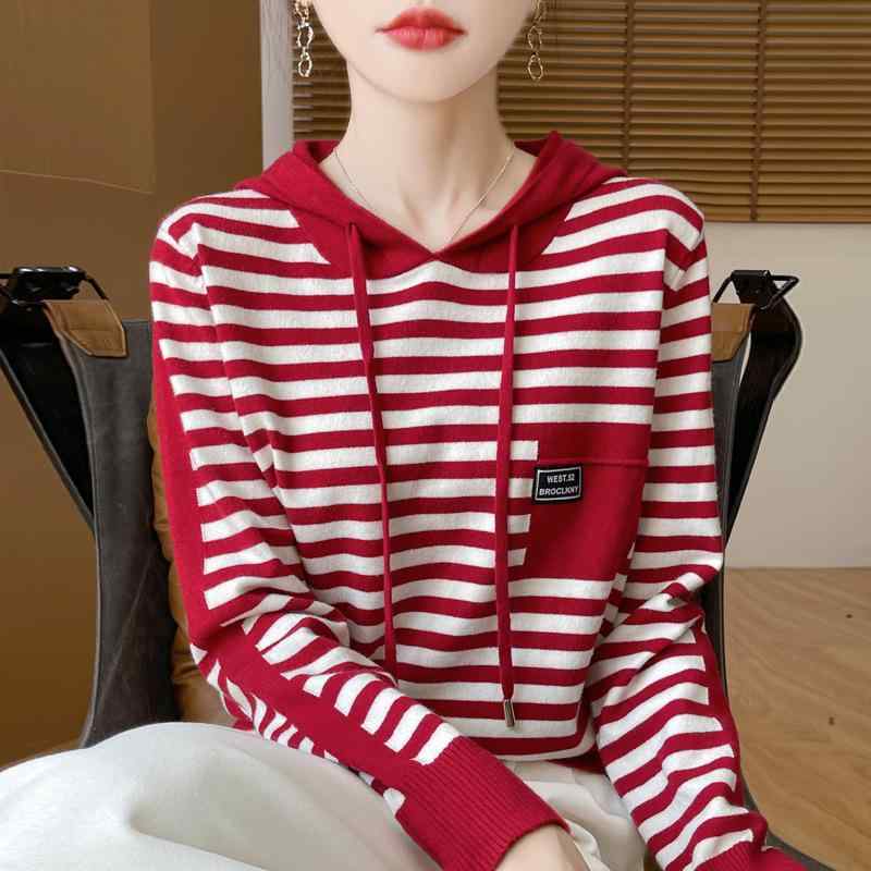 ニット レディース 秋冬 短め丈 トレーナー 羊毛混紡 ゆったり ストライプ 帽子付き セーター 普段使い..