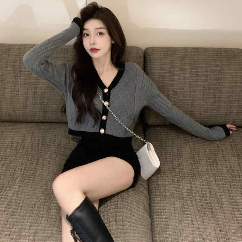 ニット レディース 秋冬 Vネック 長袖 カーディガン ケーブル編み 配色 切り替え ゆったり セーター ト..