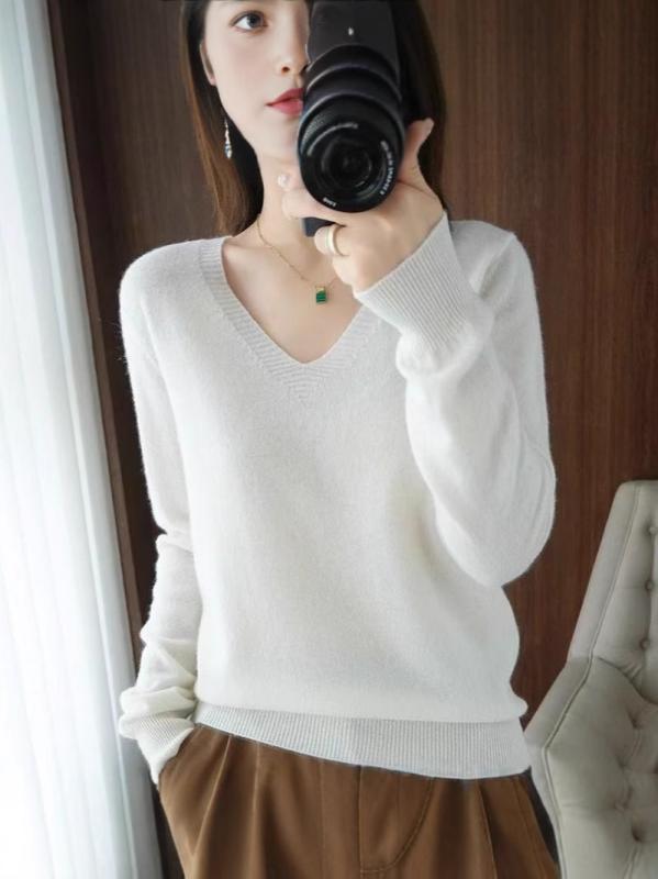 ニット レディース Vネック プルオーバー セーター ウール 混 薄手 トップス 長袖 無地 春秋 カジュア..