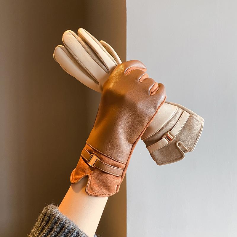 手袋 レディース 防寒 グローブ 薄手 指あり 秋冬 暖かい 裏起毛 自転車 バイク 運転 レザー調 ベージュ ワインレッド コーヒー チョコレート ブラック