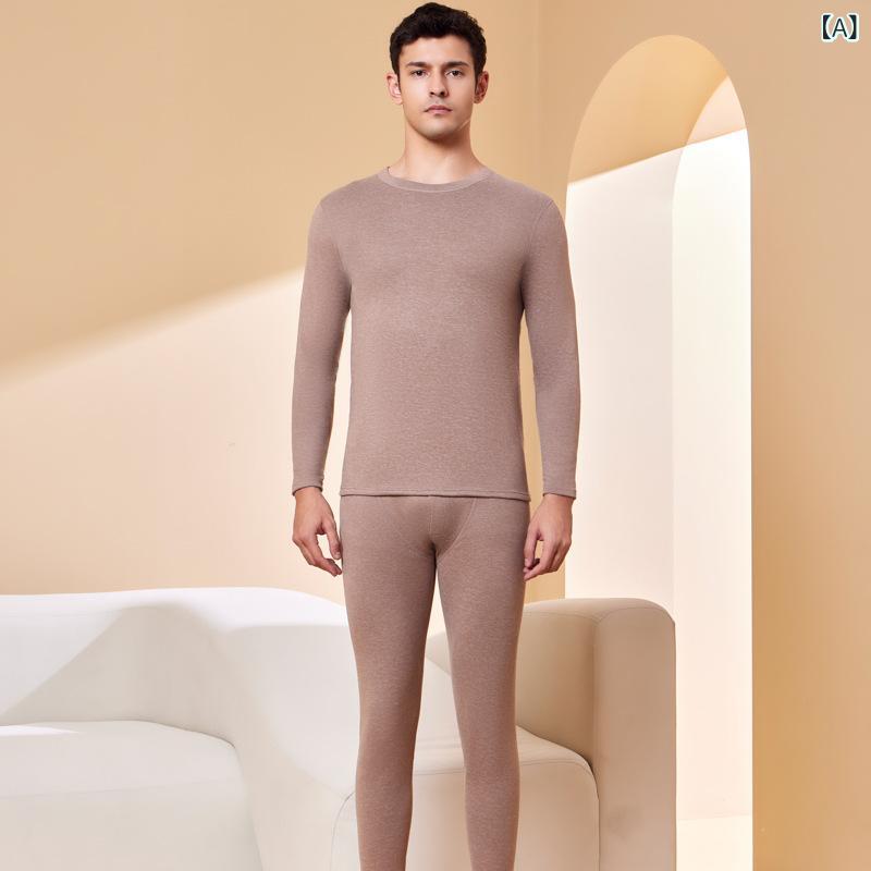 メンズ インナー 上下セット 肌着 男性用 ラウンドネック 長袖 長ズボン レーヨン 混紡 無地 吸湿 発熱..