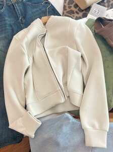 ジャケット レディース ショート丈 立襟 デザイン スプリング サマー カジュアル ストレッチ 上着 椰白色 コットン