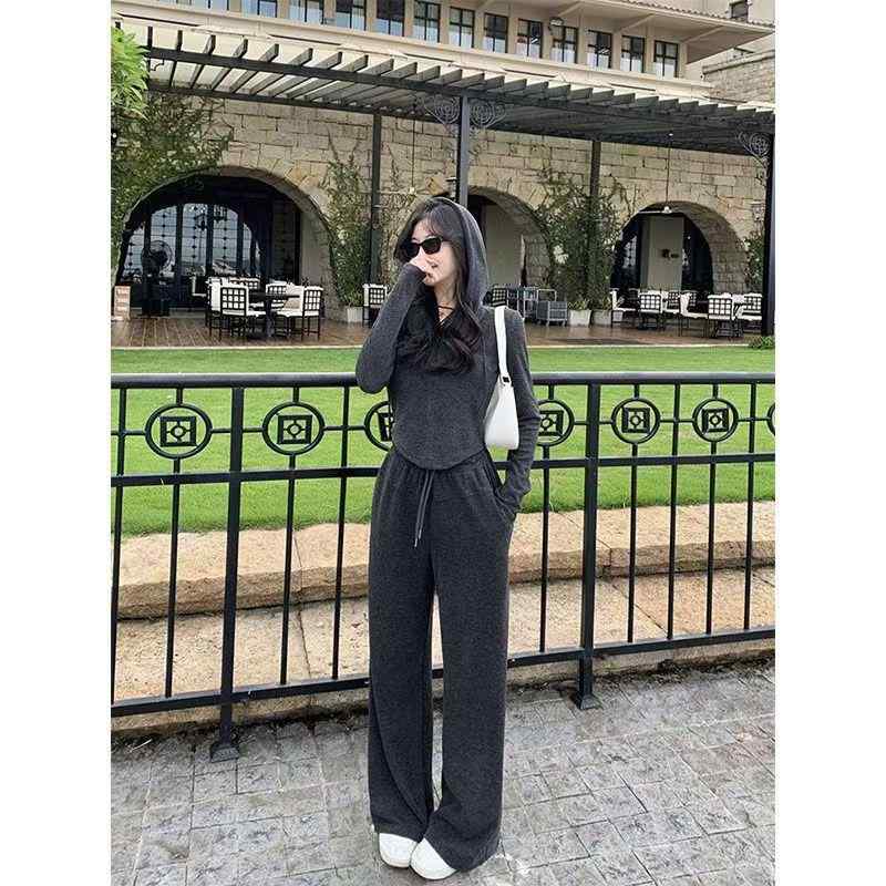セットアップ レディース 春 パーカー ワイドレッグパンツ 長袖 カジュアル 2点セット 無地 スポーツ ウェア ダークグレー オートミール S M L XL XXL