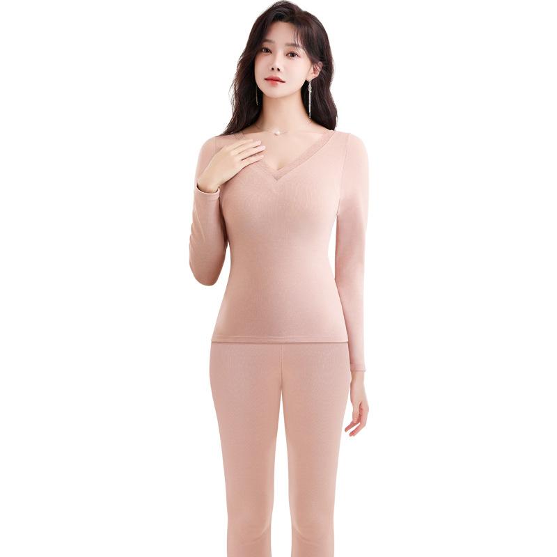 トップス レディース Vネック 長袖 保温インナー レース ブラトップ 一体型 パッド付き シンプル 無地 肌着 部屋着 普段使い 重ね着 ポリエステル アイボリー ブラック ピンク系 グレー M L XL XXL