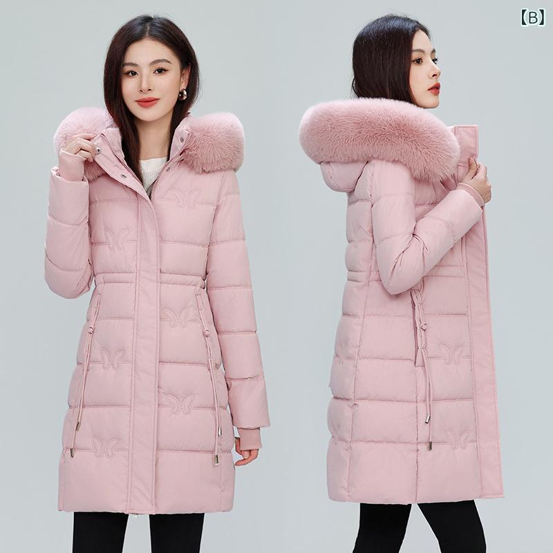 綿服 レディース 中綿コート 中長丈 アウター 秋冬 あったか スリム 着痩せ フェイクファー襟 ブラック ピンク系 カーキ コーヒー色