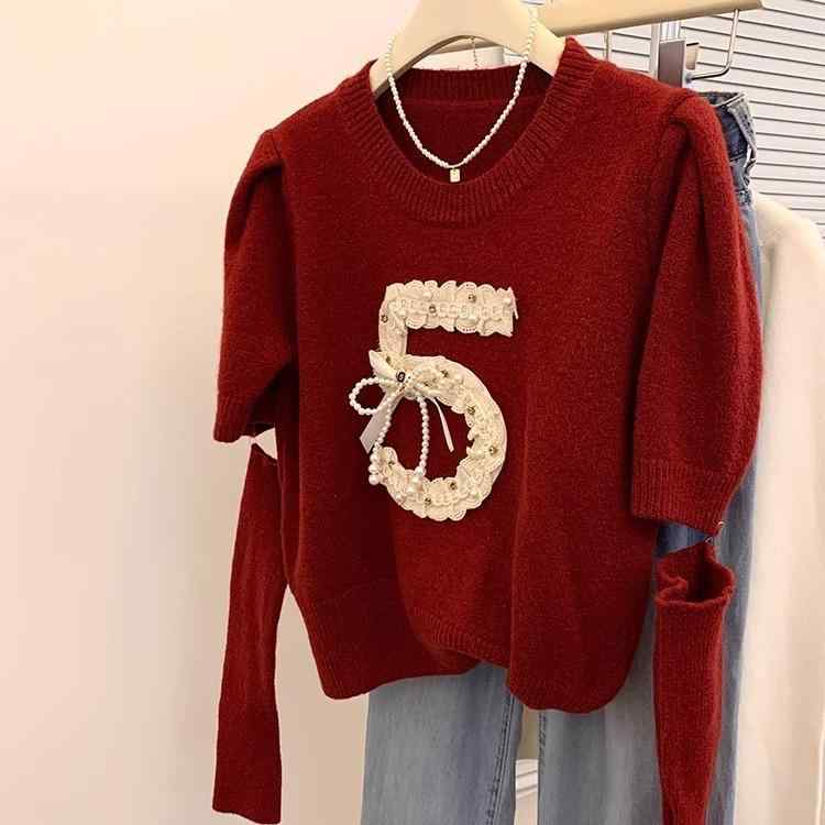 ニット レディース 春秋 ラウンドネック ショート丈 パフスリーブ 長袖 プルオーバー トップス 韓国風 カジュアル かわいい 赤 黒 白 フリーサイズ 粘胶纤维 普段使い リラックス ウェア