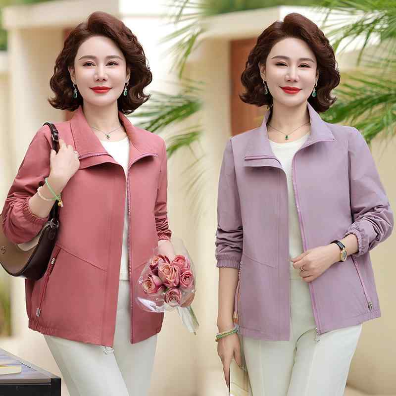 ジャケット レディース ミセス スプリングコート ポリエステル アウター 長袖 襟付き ゆったりサイズ 体型カバー カジュアル 通勤 薄手 パープル ピンク ベージュ