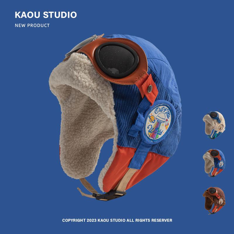 帽子 レディース 飛行帽 取り外し可能眼鏡付き コーデュロイ 雷鋒帽 防寒 保温 秋冬 ブルー ベージュ ..