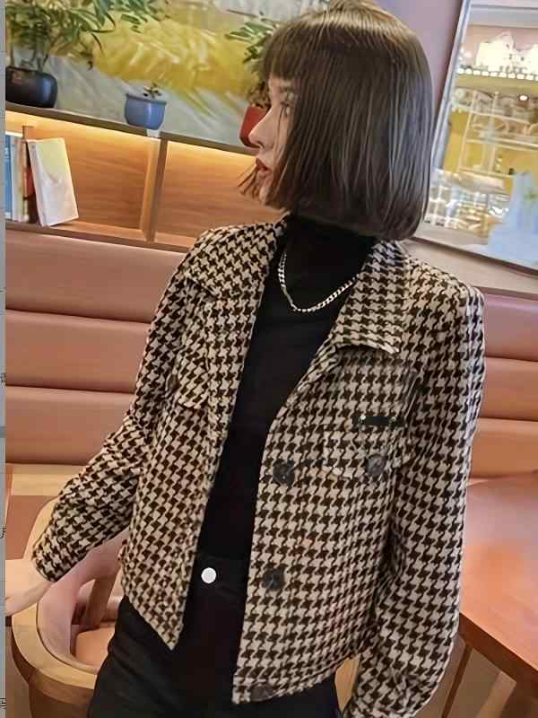 ジャケット レディース 千鳥格子柄 ショート丈 スプリングコート アウター 長袖 POLOネック 普段使い 通勤 かわいい 伸縮性 ポリエステル コーヒー色
