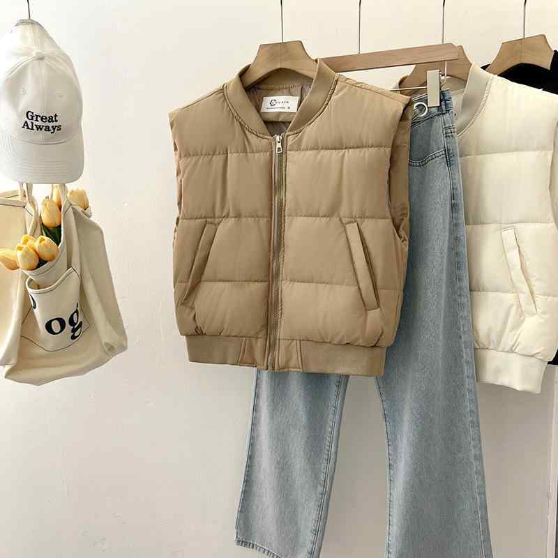 ベスト レディース 秋冬 短め丈 ジャケット スタジャン風 野球襟 無地 スリム 羽毛綿 中綿 チョッキ ホ..