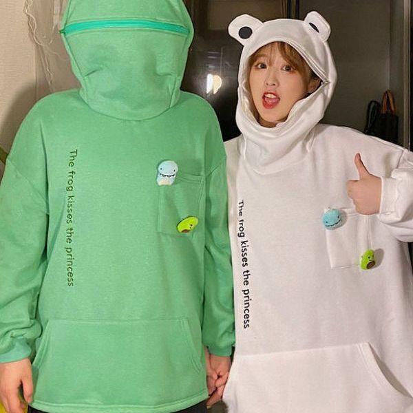 スウェット レディース 秋冬 カートゥーン カエル プルオーバー 裏起毛 パーカー 長袖 フード付き ゆったり ストリート カジュアル 緑 黒 白 M L XL XXL