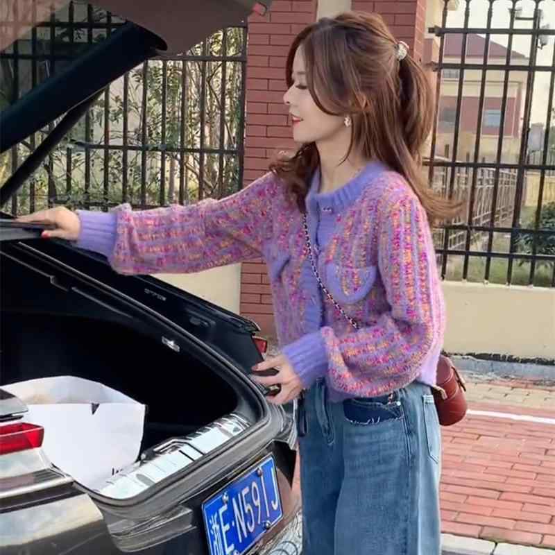 カーディガン レディース ニット 春秋 ファッション ショート丈 パープル ピンク 厚手 抽象柄 長袖 襟..