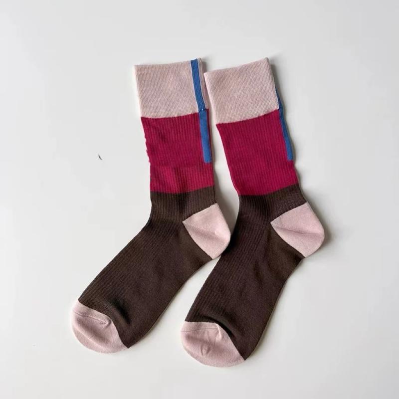 靴下 レディース 春夏 幾何学模様 不規則配色 切り替え デザイン 堆堆袜 ミドル丈 コットン 吸汗性