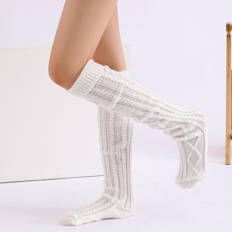 靴下 レディース ニーハイソックス ケーブル編み ニット ウール混 ミドル丈 厚手 無地 秋冬 ブラック ..