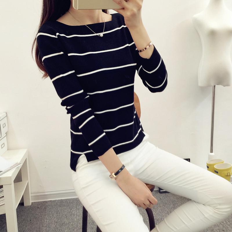 ニット レディース 長袖 一文字ネック ストライプ トップス スリム 韓国風 ポリエステル コットン 白 ..