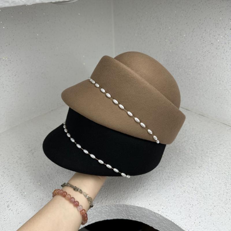 帽子 レディース 秋冬 ウール マリンキャップ パール付き キャスケット 暖かい 小顔効果 英国風 レトロ クラシカル 黒 白 ベージュ2(4)