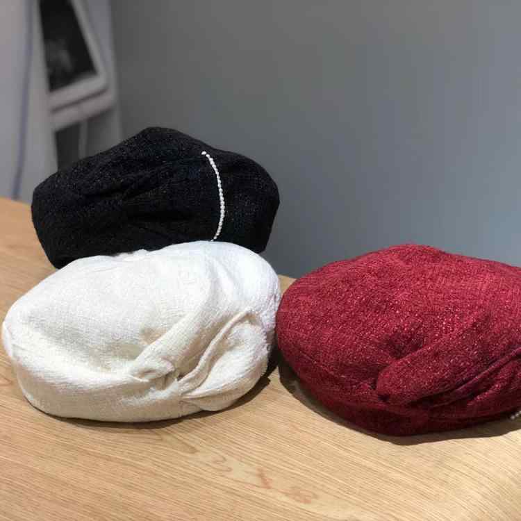 帽子 レディース ベレー帽 秋冬 パール 蝶結び 小顔効果 防寒 粗花呢 ウール エレガント かわいい お洒落 クラシカル2