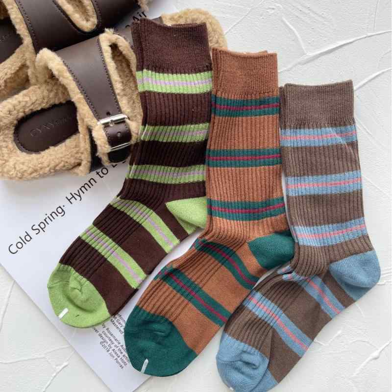 靴下 レディース 秋冬 ミラード レトロ ストライプ 切り替え トレンド 普段使い 中筒 コットン2